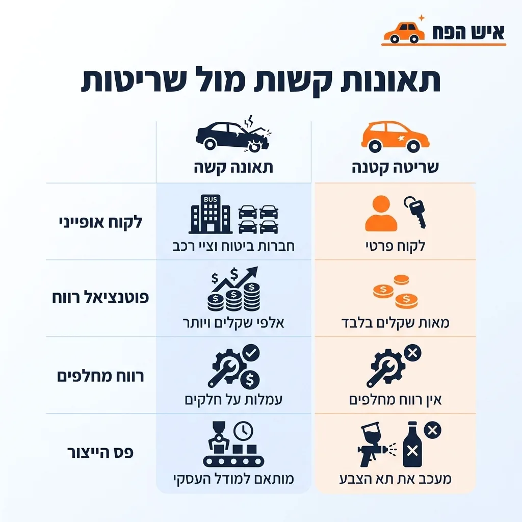 אינפוגרפיקה — תאונות קשות מול שריטות: השוואה בין תאונה קשה, שריטה קטנה