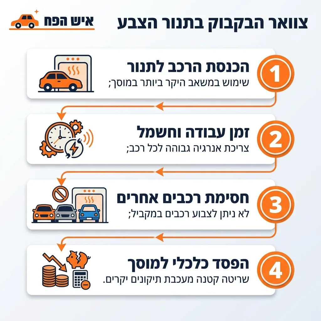 אינפוגרפיקה — צוואר הבקבוק בתנור הצבע: הכנסת הרכב לתנור, זמן עבודה וחשמל, חסימת רכבים אחרים, הפסד כלכלי למוסך