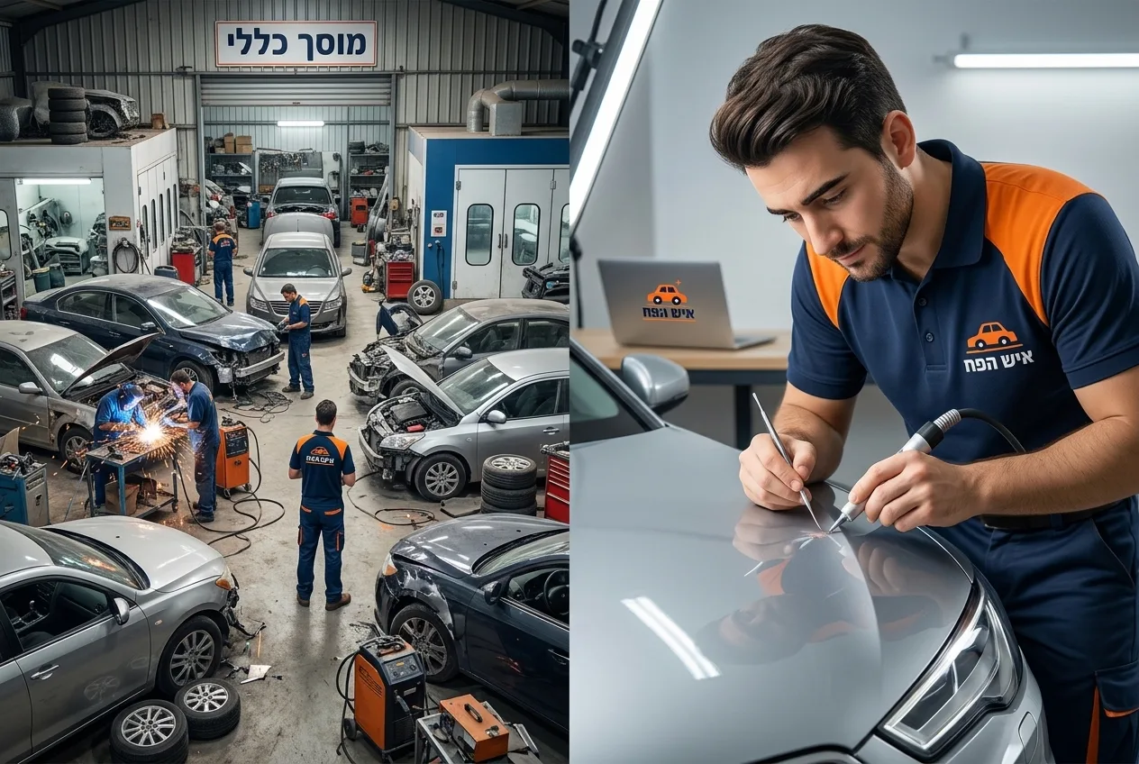 תמונה מפוצלת: צד אחד מוסך ענק וצפוף, צד שני עבודה מדויקת ונקודתית על שריטה קטנה.