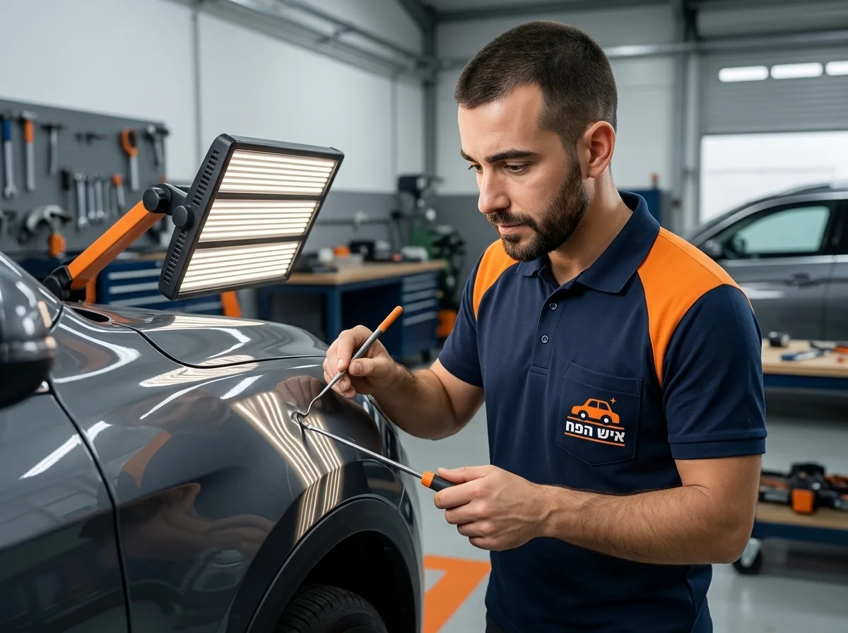 צילום מקצועי של פחח רכב מיומן משתמש במוט PDR מיוחד ליישור מכת פח קטנה בכנף הרכב תחת מנורת לד ייעודית במוסך מואר, עבודה עדינה ומדויקת המדגישה את השימור של הצבע המקורי
