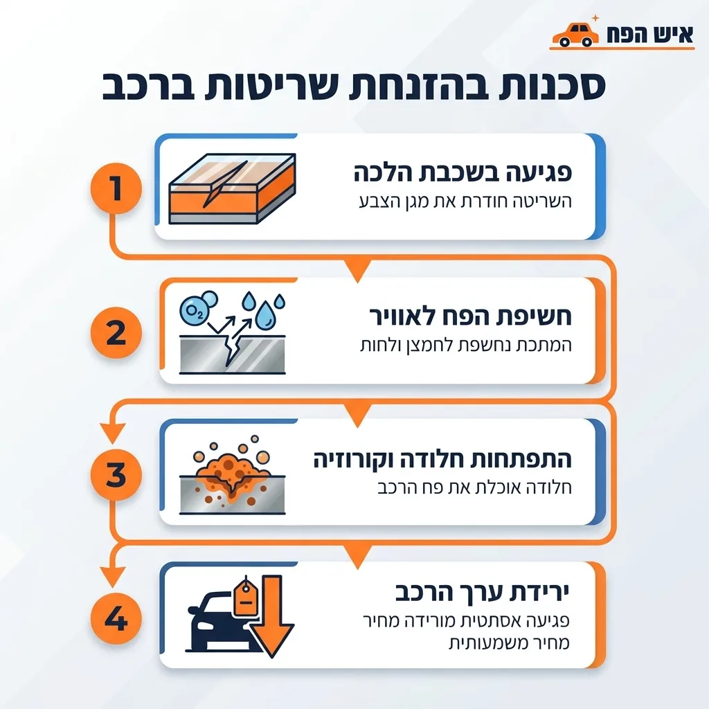 אינפוגרפיקה — סכנות בהזנחת שריטות ברכב: פגיעה בשכבת הלכה, חשיפת הפח לאוויר, התפתחות חלודה וקורוזיה, ירידת ערך הרכב