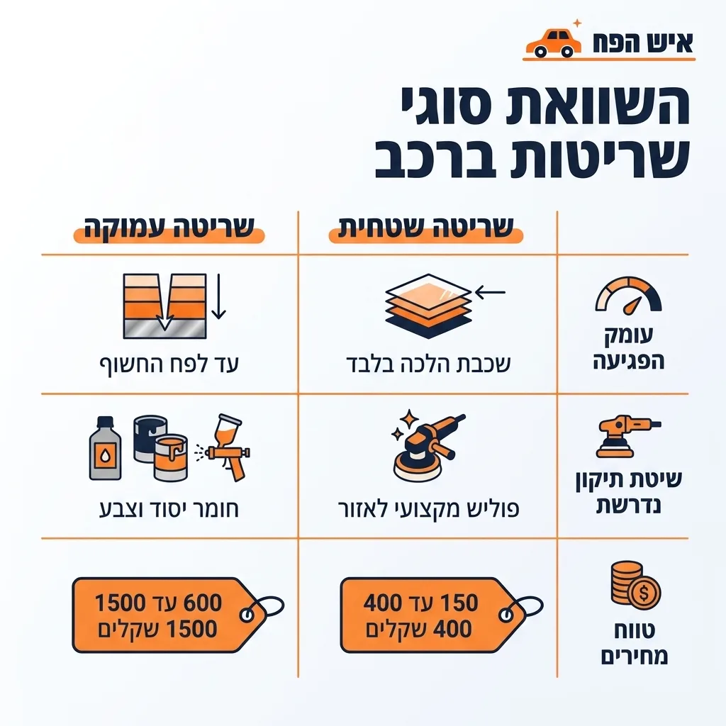 אינפוגרפיקה — השוואת סוגי שריטות ברכב: השוואה בין שריטה שטחית, שריטה עמוקה