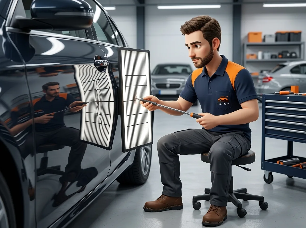 צילום ריאליסטי של טכנאי PDR משתמש בתאורת לד מיוחדת המשתקפת על פח הרכב כדי לזהות שקע קטן, סביבת מוסך נקייה, פוקוס חד על הפח והמנורה