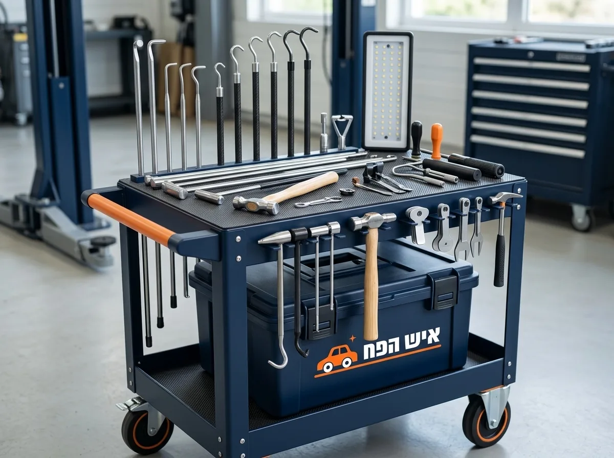 צילום מציאותי של סט כלי PDR ייעודיים מסודרים על עגלת עבודה במוסך, כולל מוטות מתכת באורכים שונים, פטישים עדינים וכלי משיכה, פוקוס עמוק
