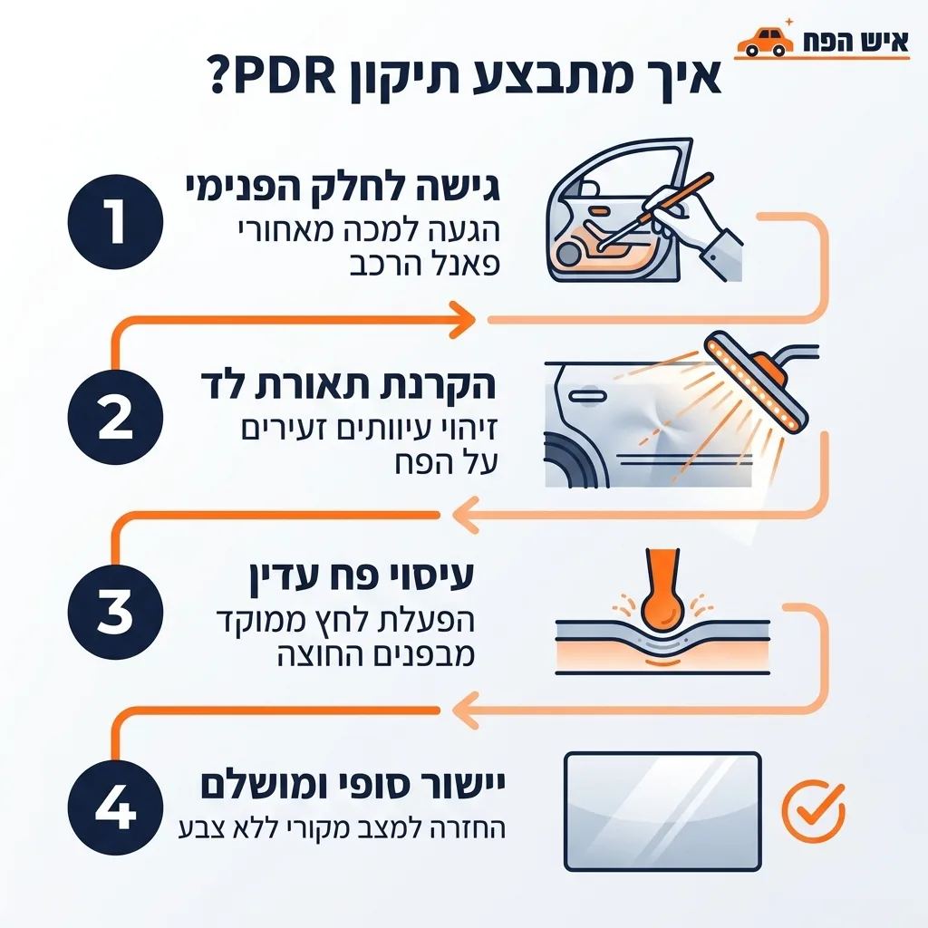 אינפוגרפיקה — איך מתבצע תיקון PDR?: גישה לחלק הפנימי, הקרנת תאורת לד, עיסוי פח עדין, יישור סופי ומושלם