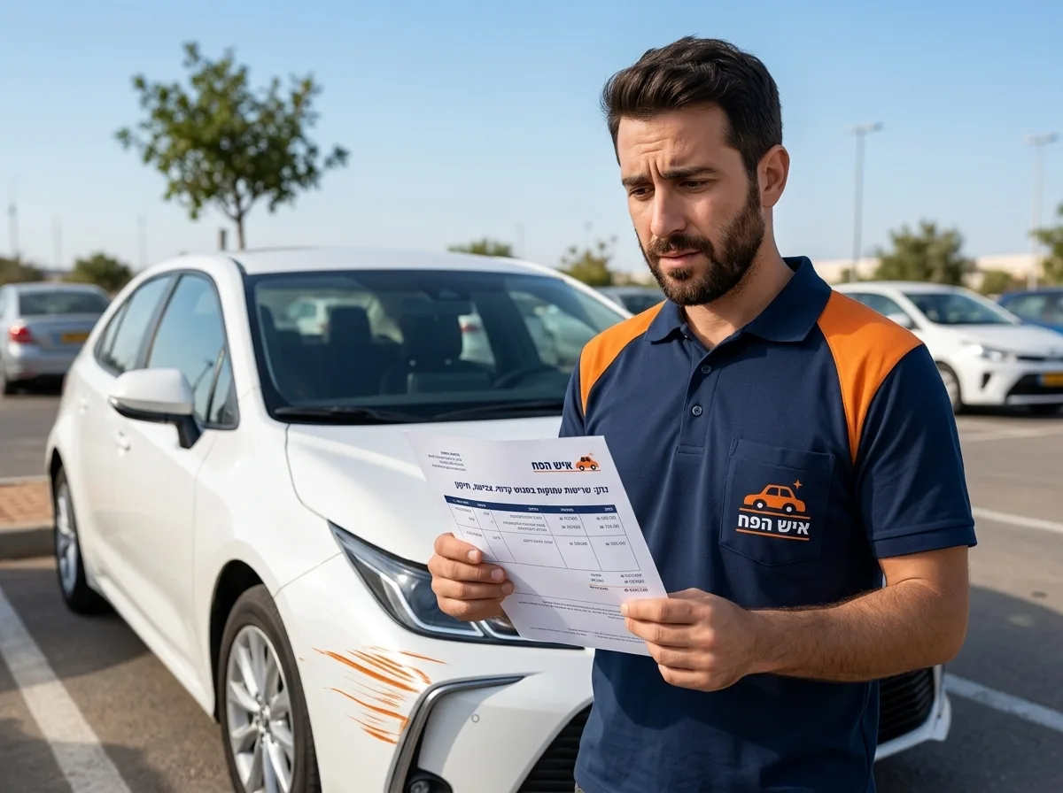 צילום ריאליסטי של אדם מודאג מביט בדף חשבונית ליד רכב לבן עם שריטה בולטת בפגוש הקדמי, תאורת יום טבעית, חניון חיצוני