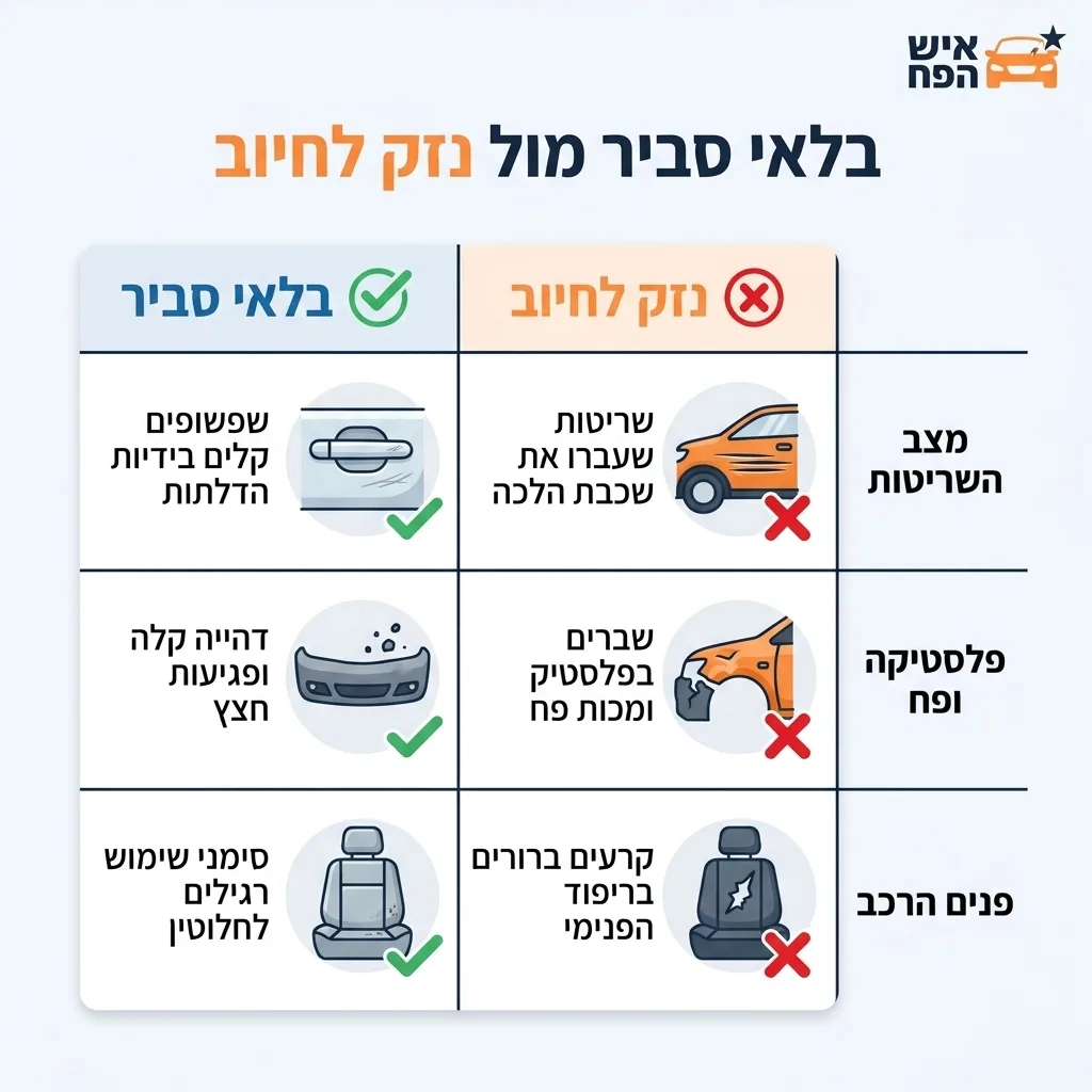 אינפוגרפיקה — בלאי סביר מול נזק לחיוב: השוואה בין בלאי סביר, נזק לחיוב