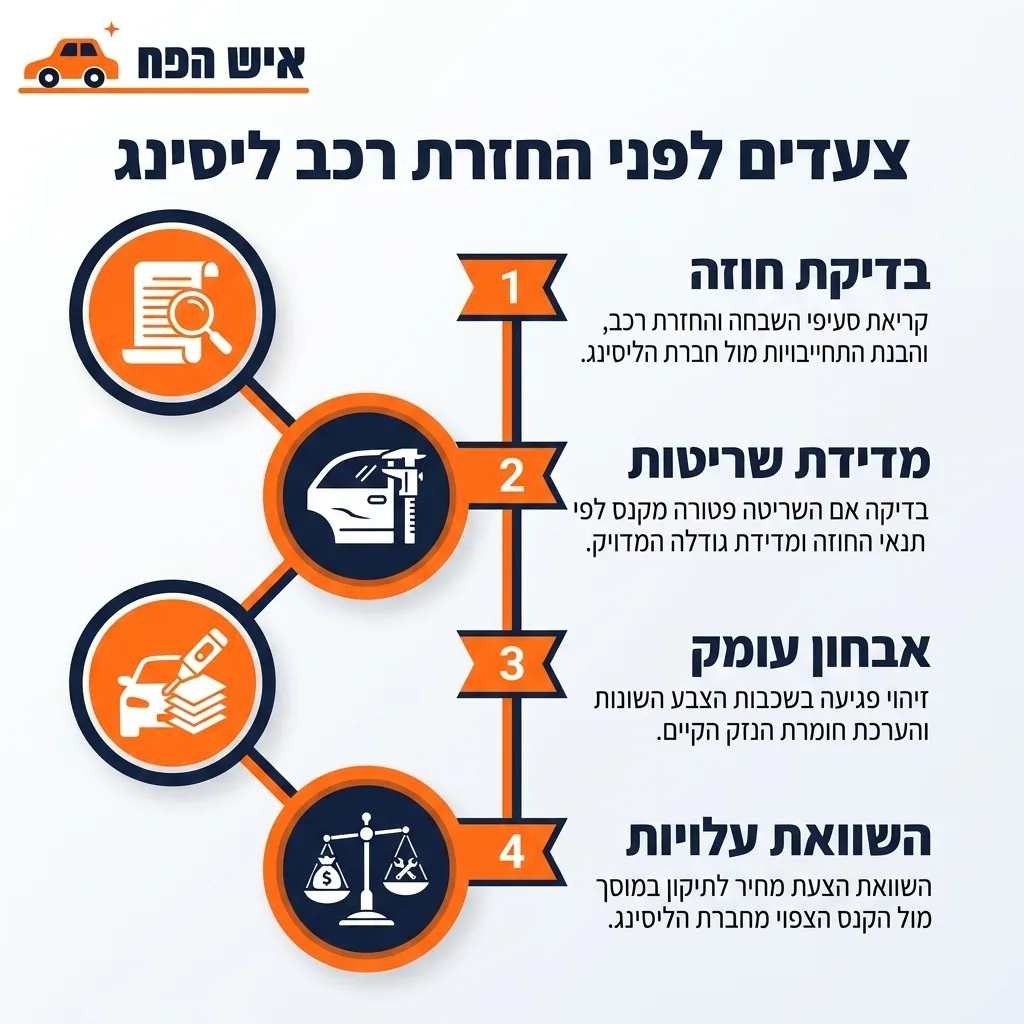 אינפוגרפיקה — צעדים לפני החזרת רכב ליסינג: בדיקת חוזה, מדידת שריטות, אבחון עומק, השוואת עלויות