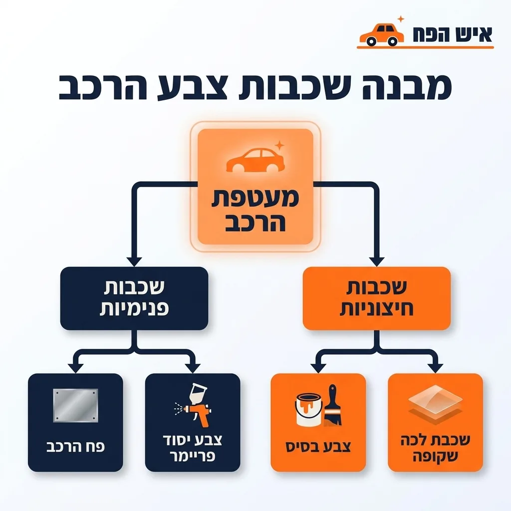אינפוגרפיקה — מבנה שכבות צבע הרכב: מעטפת הרכב