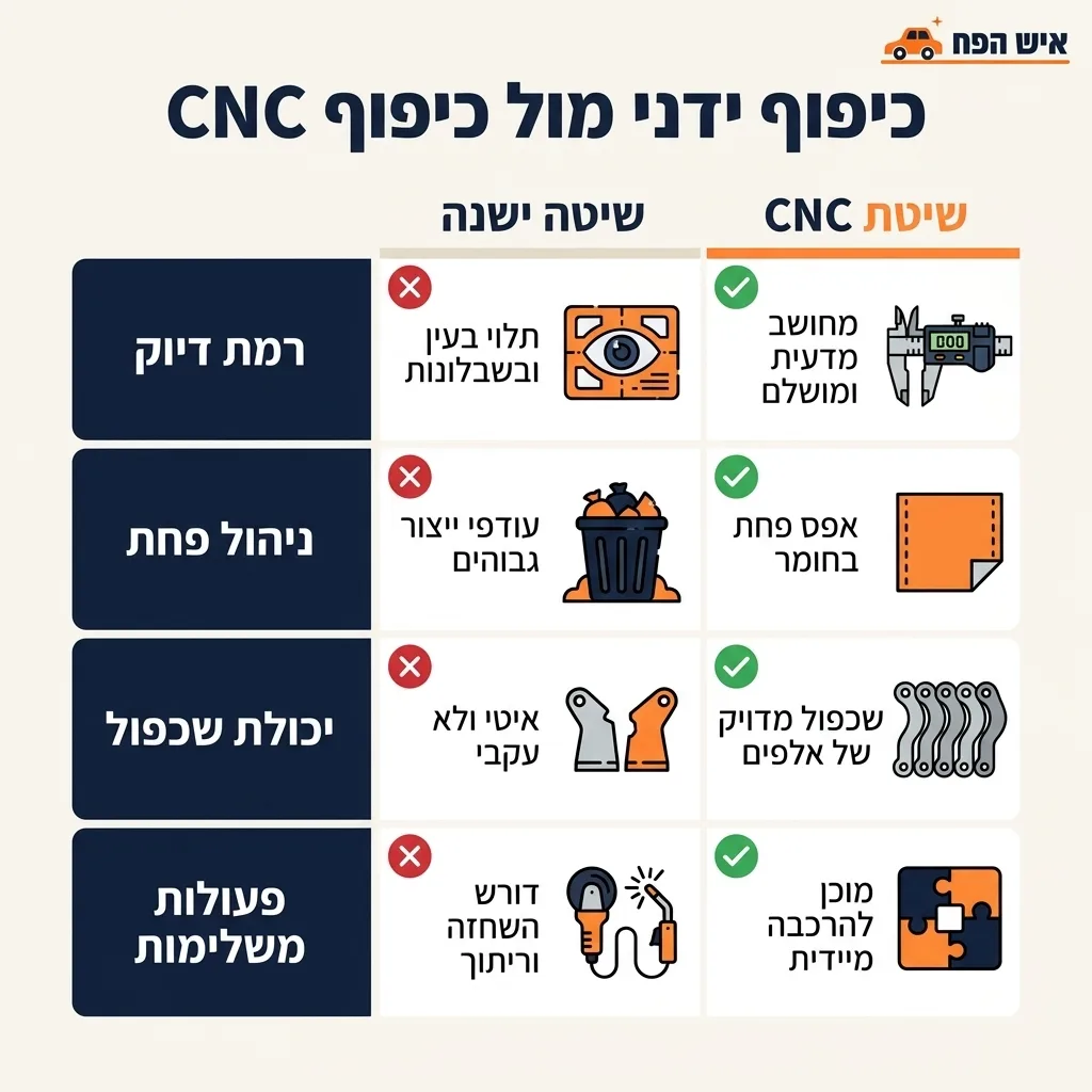 אינפוגרפיקה — כיפוף ידני מול כיפוף CNC: השוואה בין שיטה ישנה, שיטת CNC