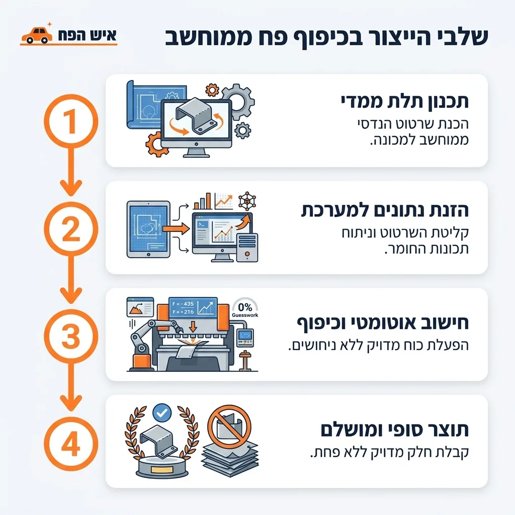 אינפוגרפיקה — שלבי הייצור בכיפוף פח ממוחשב: תכנון תלת ממדי, הזנת נתונים למערכת, חישוב אוטומטי וכיפוף, תוצר סופי ומושלם