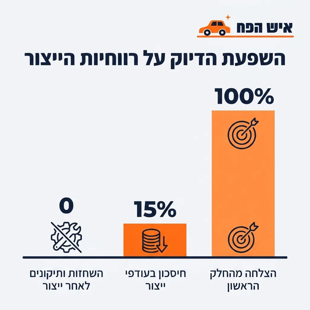אינפוגרפיקה — השפעת הדיוק על רווחיות הייצור: הצלחה מהחלק הראשון, חיסכון בעודפי ייצור, השחזות ותיקונים לאחר ייצור