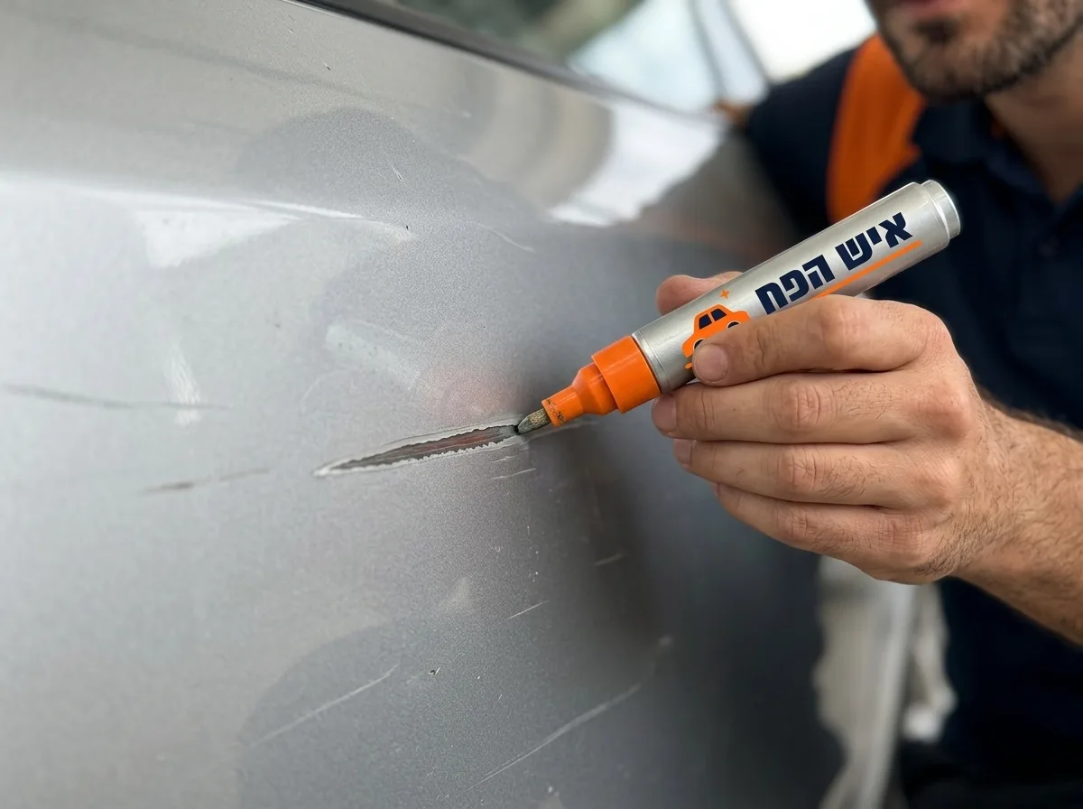 צילום תקריב מציאותי של עט פלא לתיקון שריטות מונח על פח רכב כסוף ליד שריטה עמוקה וארוכה שחודרת עד הפח, תאורת יום טבעית, פוקוס על העט והשריטה