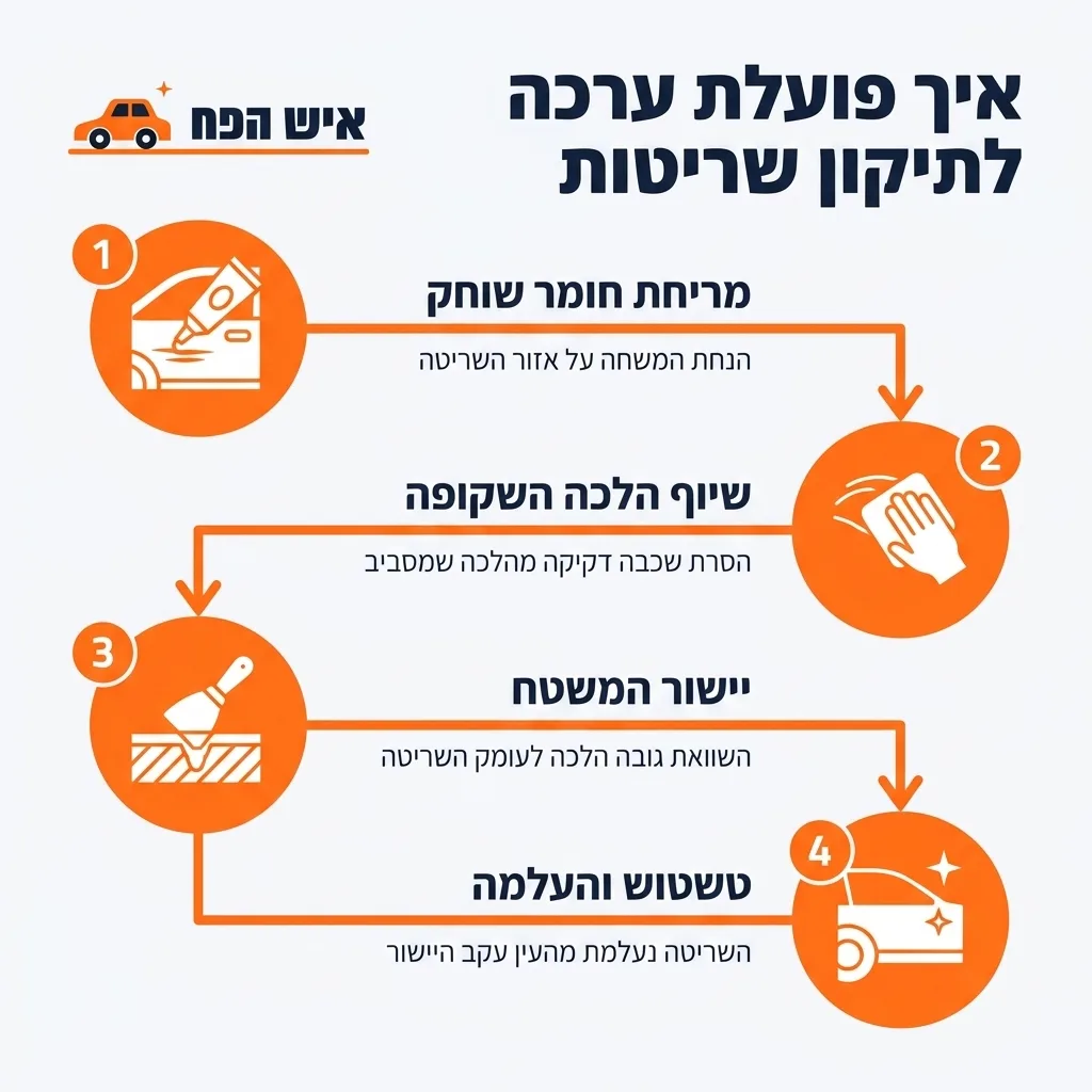 אינפוגרפיקה — איך פועלת ערכה לתיקון שריטות: מריחת חומר שוחק, שיוף הלכה השקופה, יישור המשטח, טשטוש והעלמה