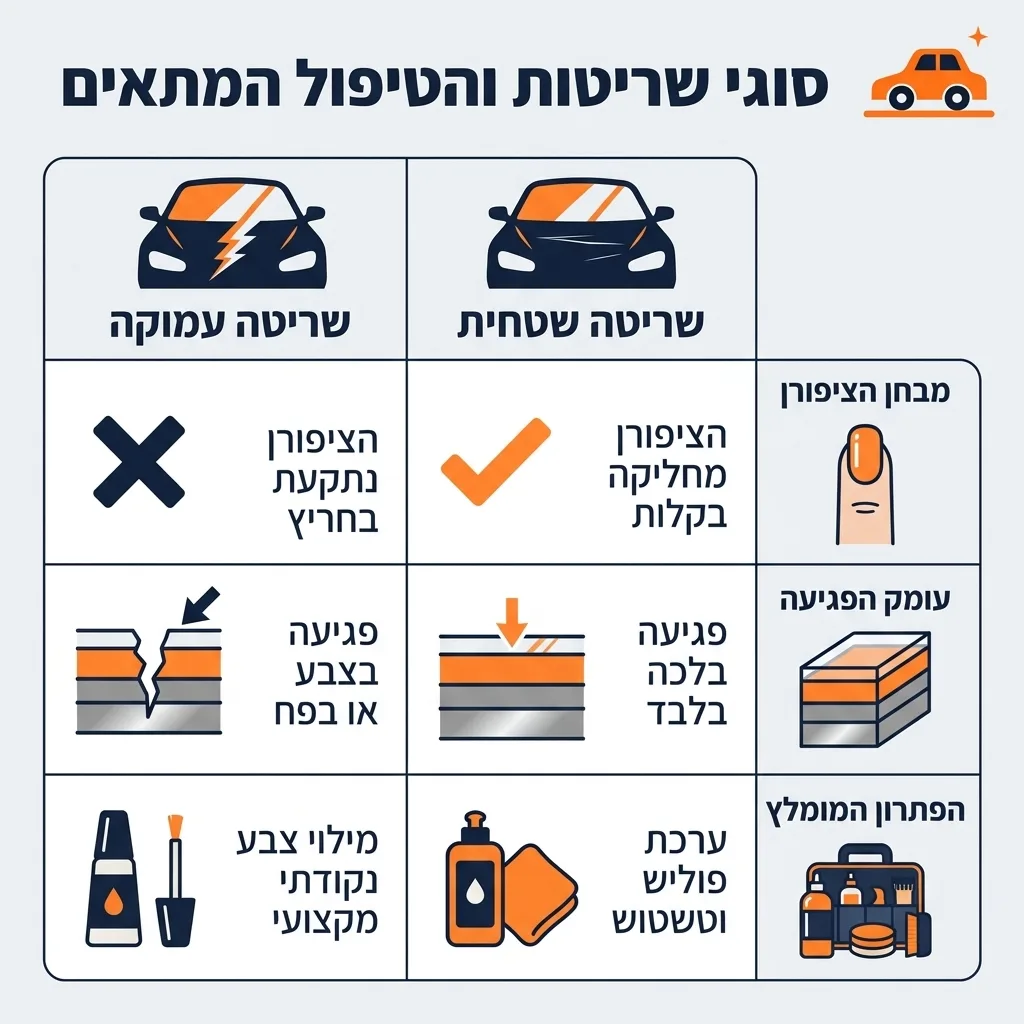 אינפוגרפיקה — סוגי שריטות והטיפול המתאים: השוואה בין שריטה שטחית, שריטה עמוקה