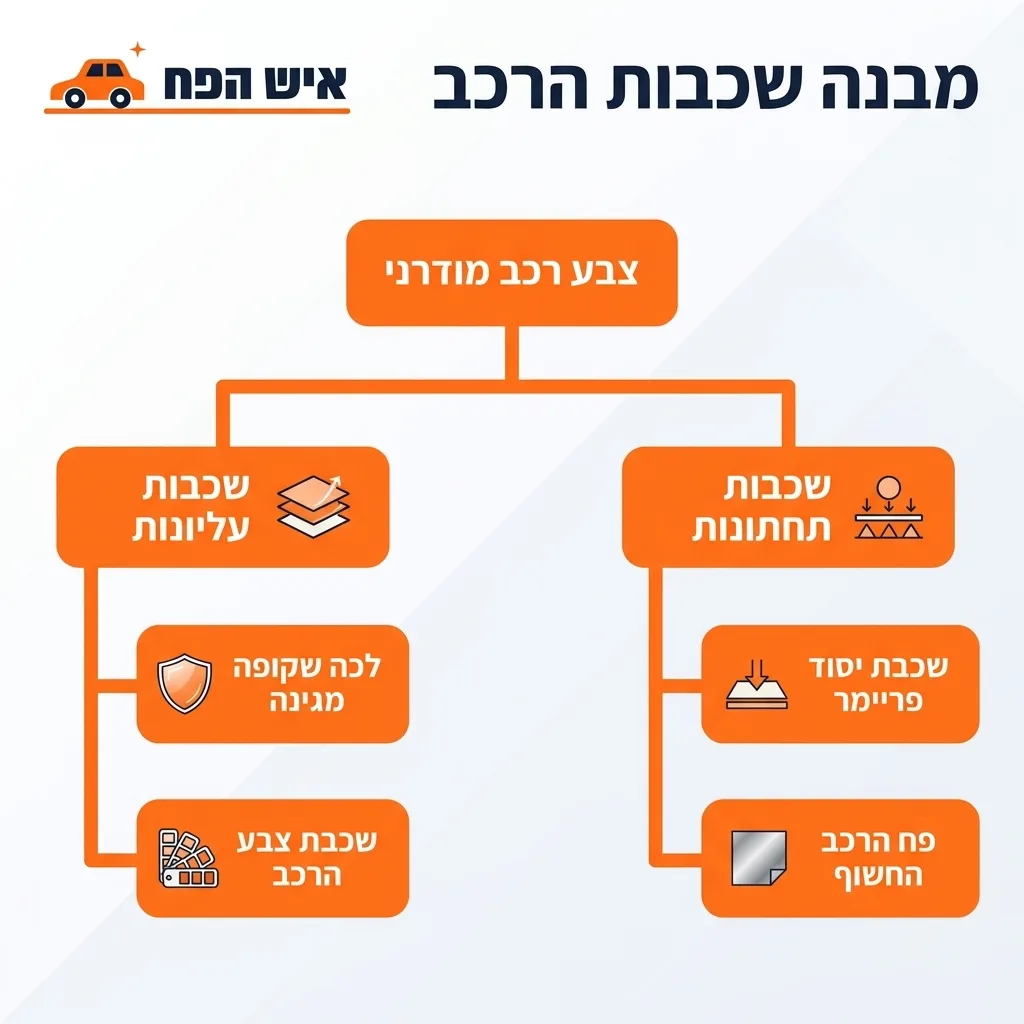 אינפוגרפיקה — מבנה שכבות הרכב: צבע רכב מודרני