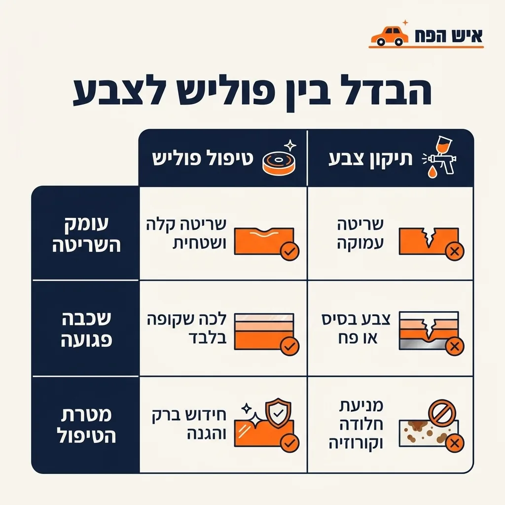אינפוגרפיקה — הבדל בין פוליש לצבע: השוואה בין טיפול פוליש, תיקון צבע