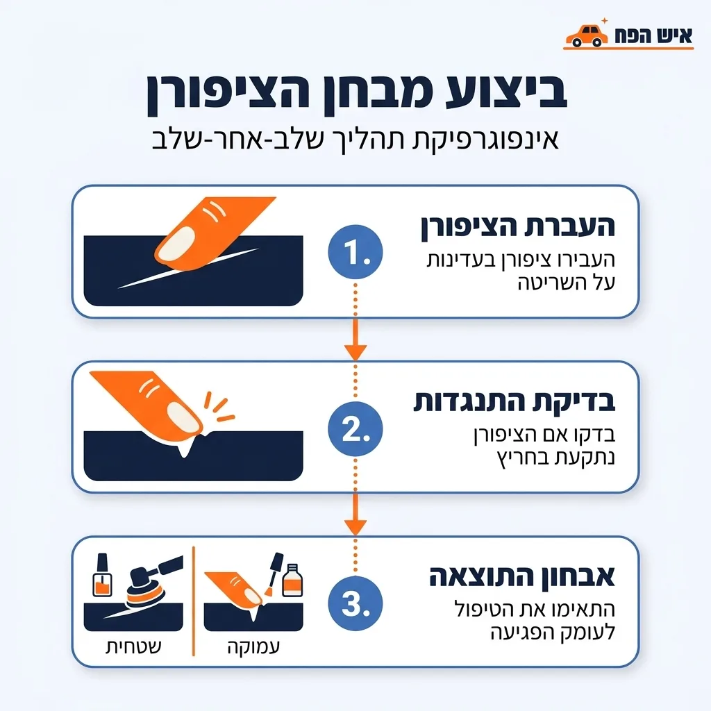 אינפוגרפיקה — ביצוע מבחן הציפורן: העברת הציפורן, בדיקת התנגדות, אבחון התוצאה