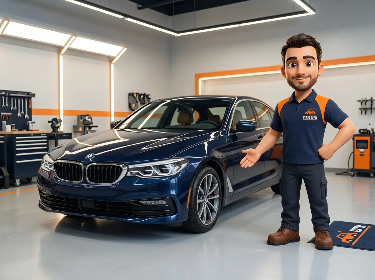 רכב מודרני מבריק לאחר תיקון פגוש, צבע מושלם ללא הבדלי גוונים בין החלקים, סביבת מוסך בוטיק נקייה עם תאורת לד המשתקפת על צבע הרכב.