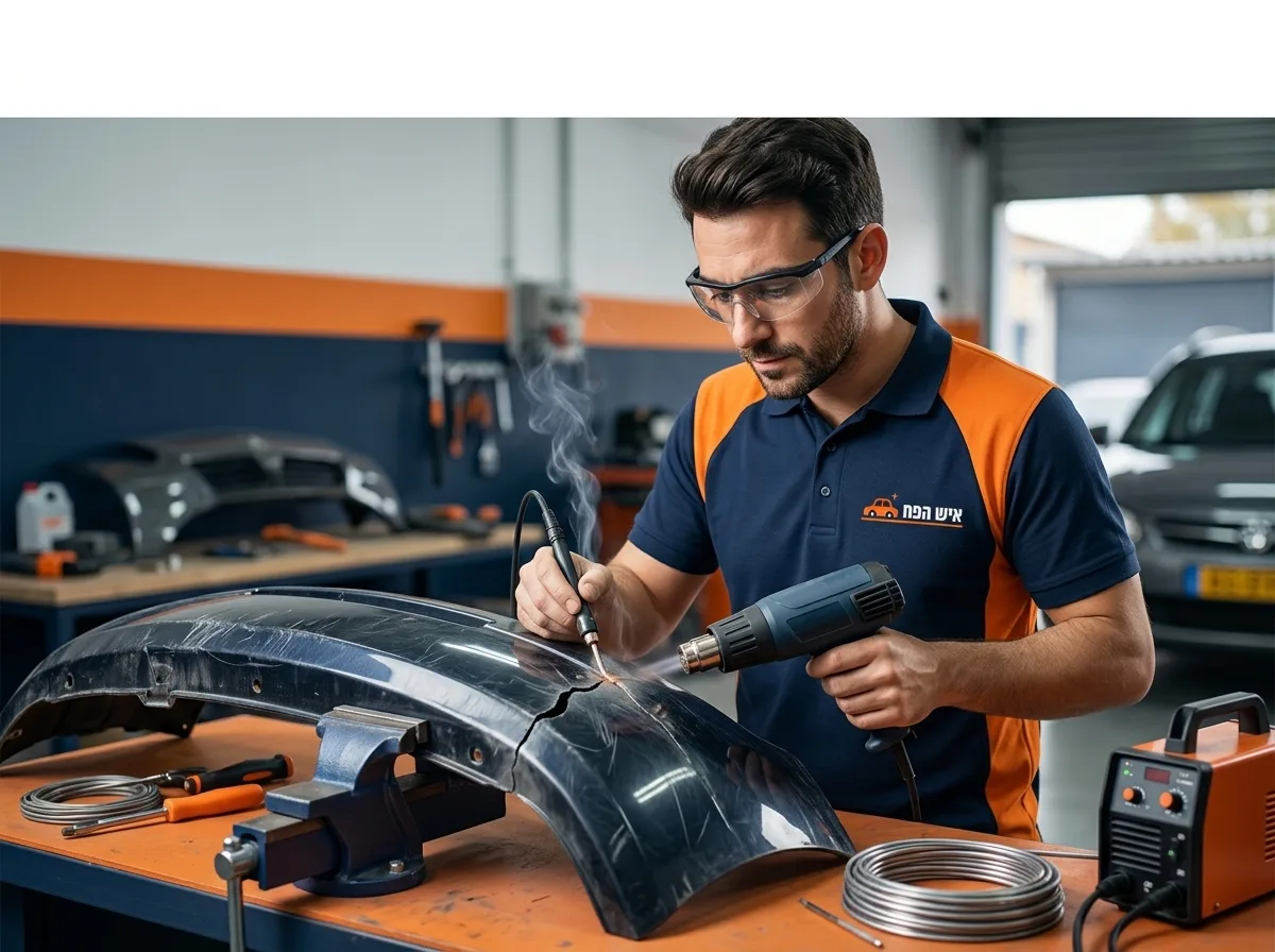 איש מקצוע בסדנה, חובש משקפי מגן, משתמש באקדח חום ומכונת הלחמה קטנה מפלסטיק כדי לאחות סדק בפגוש רכב, תאורה חזקה וסביבת עבודה מקצועית.