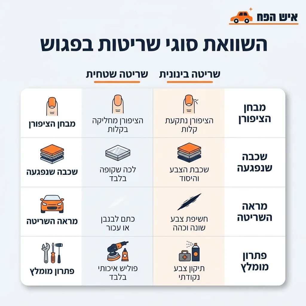 אינפוגרפיקה — השוואת סוגי שריטות בפגוש: השוואה בין שריטה שטחית, שריטה בינונית