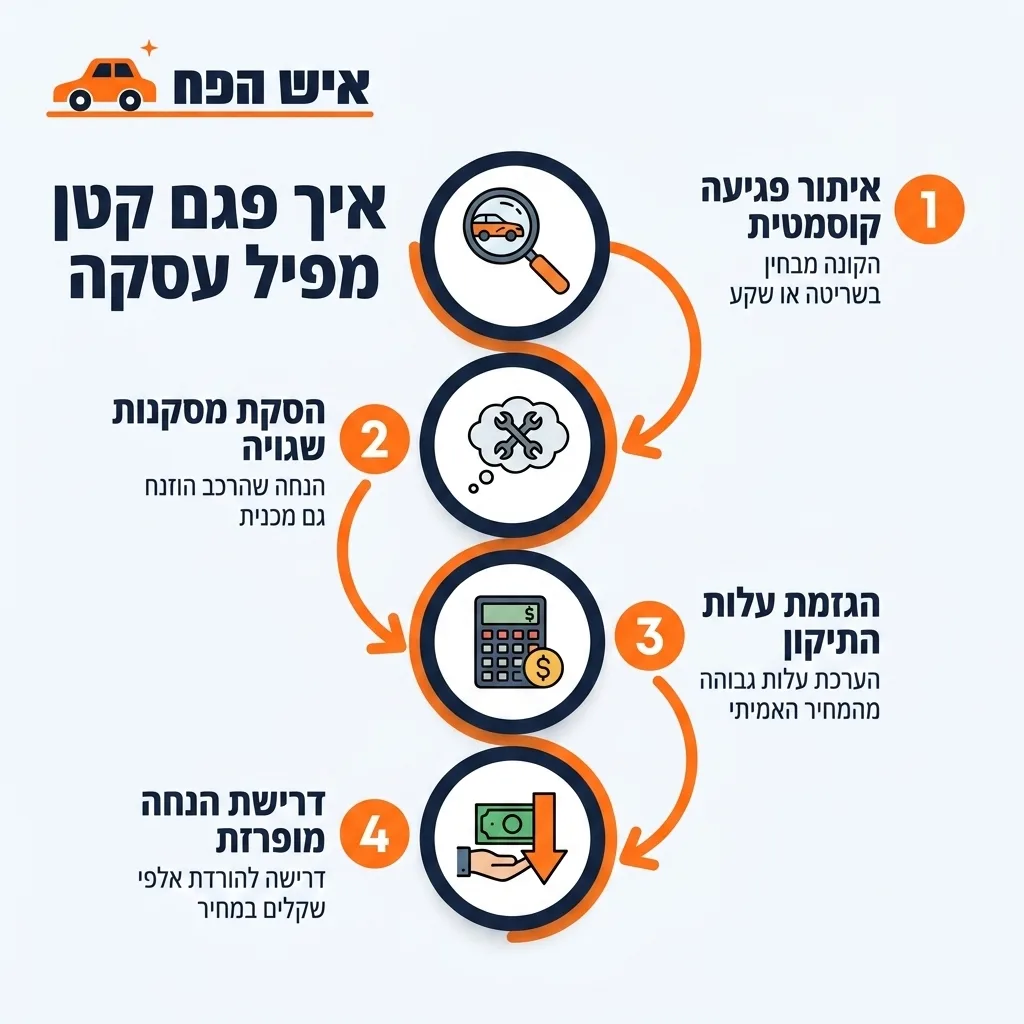 אינפוגרפיקה — איך פגם קטן מפיל עסקה: איתור פגיעה קוסמטית, הסקת מסקנות שגויה, הגזמת עלות התיקון, דרישת הנחה מופרזת