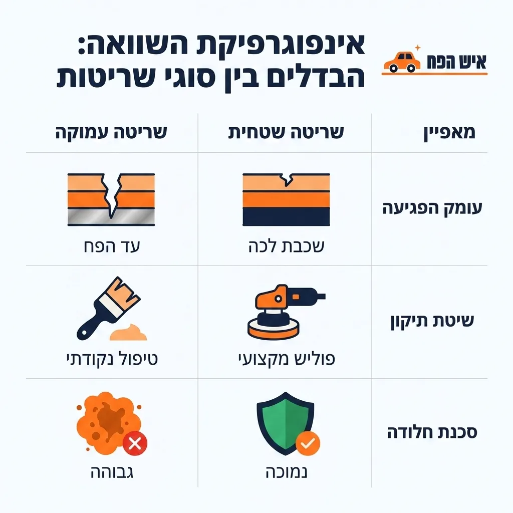 אינפוגרפיקה — הבדלים בין סוגי שריטות: השוואה בין שריטה שטחית, שריטה עמוקה