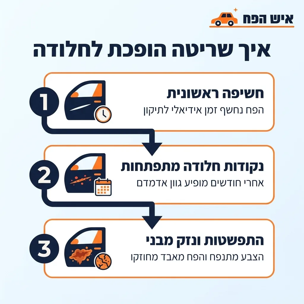 אינפוגרפיקה — איך שריטה הופכת לחלודה: חשיפה ראשונית, נקודות חלודה מתפתחות, התפשטות ונזק מבני