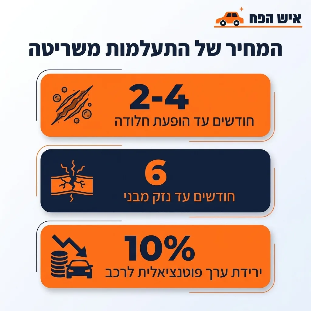 אינפוגרפיקה — המחיר של התעלמות משריטה: חודשים עד הופעת חלודה, חודשים עד נזק מבני, ירידת ערך פוטנציאלית לרכב