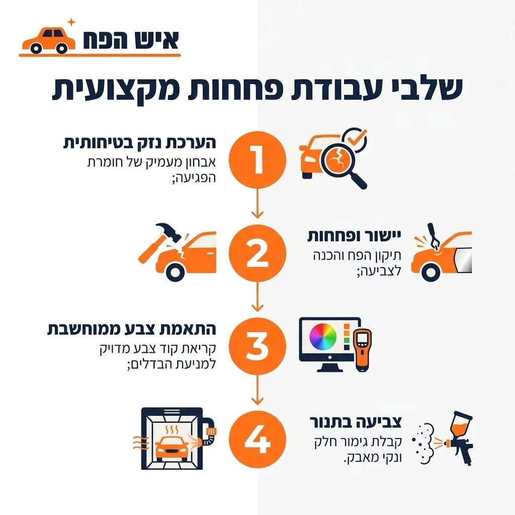 אינפוגרפיקה — שלבי עבודת פחחות מקצועית: הערכת נזק בטיחותית, יישור ופחחות, התאמת צבע ממוחשבת, צביעה בתנור אטום