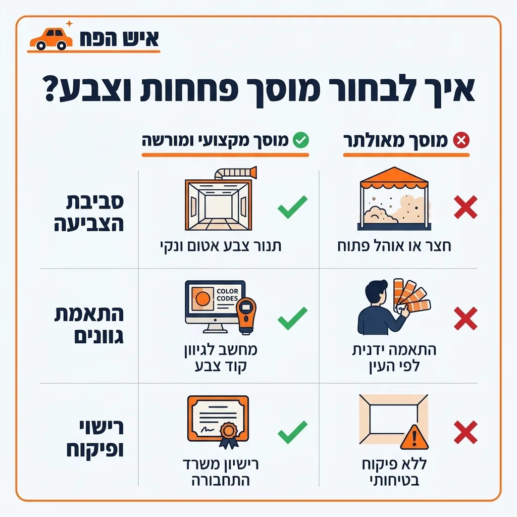 אינפוגרפיקה — איך לבחור מוסך פחחות וצבע?: השוואה בין מוסך מקצועי ומורשה, מוסך מאולתר
