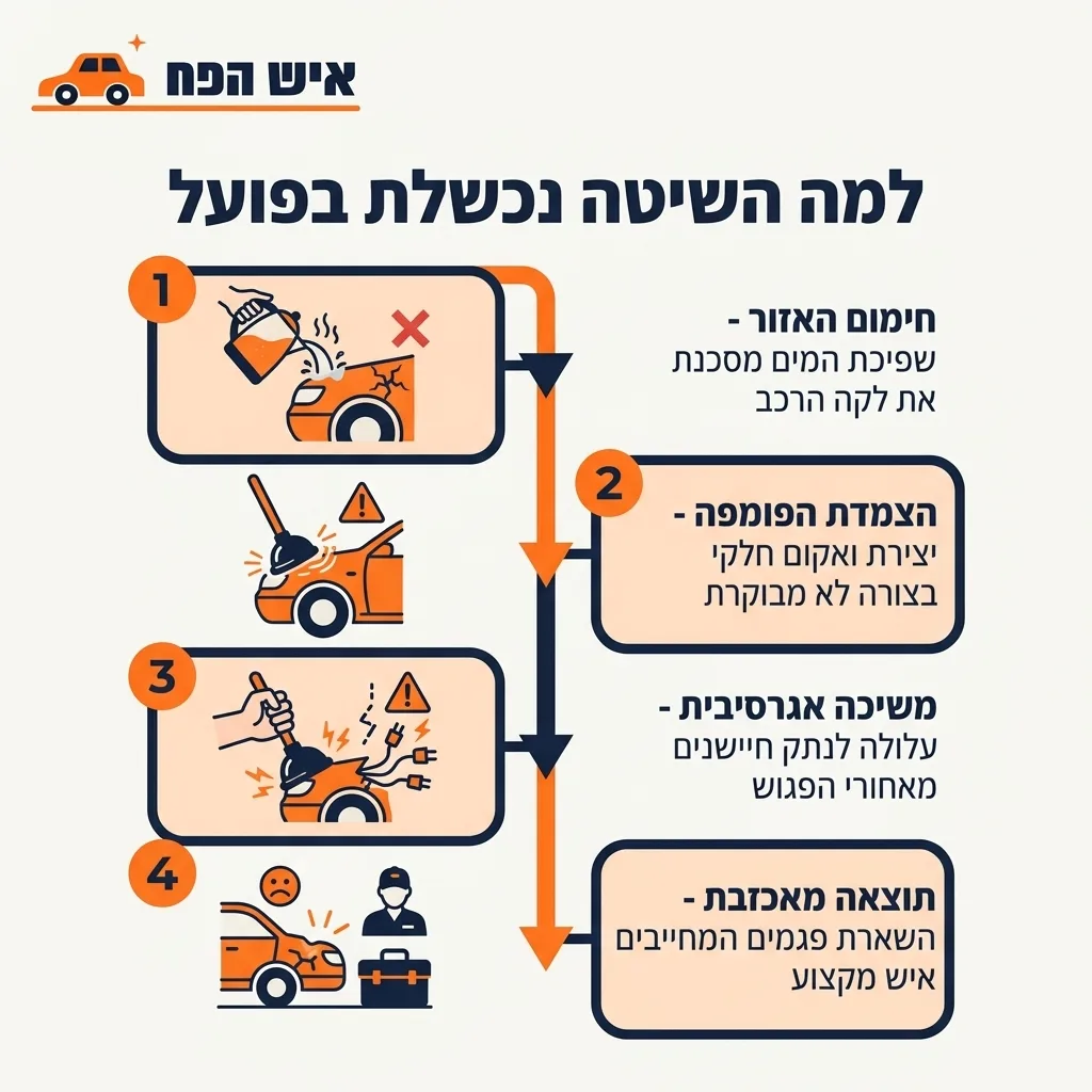 אינפוגרפיקה — למה השיטה נכשלת בפועל: חימום האזור, הצמדת הפומפה, משיכה אגרסיבית, תוצאה מאכזבת