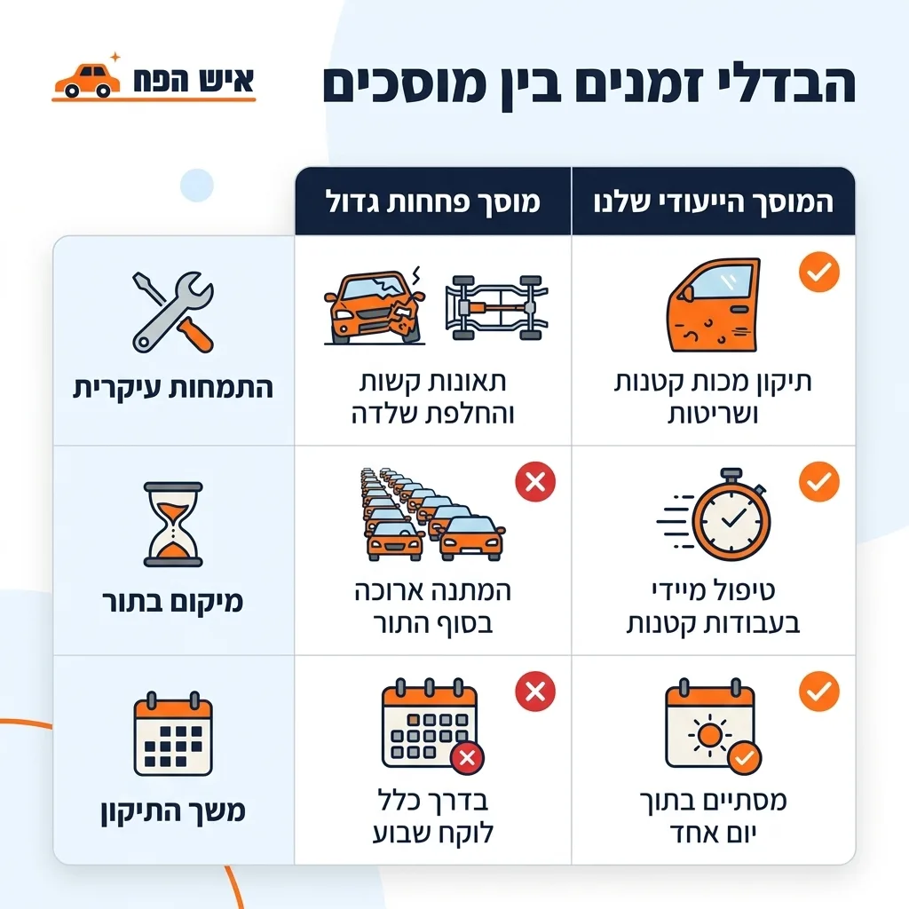 אינפוגרפיקה — הבדלי זמנים בין מוסכים: השוואה בין מוסך פחחות גדול, המוסך הייעודי שלנו