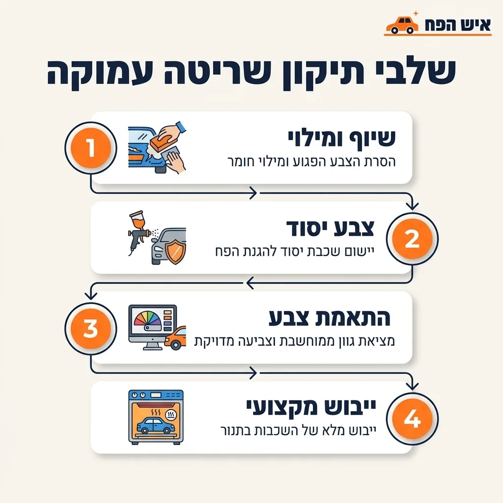 אינפוגרפיקה — שלבי תיקון שריטה עמוקה: שיוף ומילוי, צבע יסוד, התאמת צבע, ייבוש מקצועי