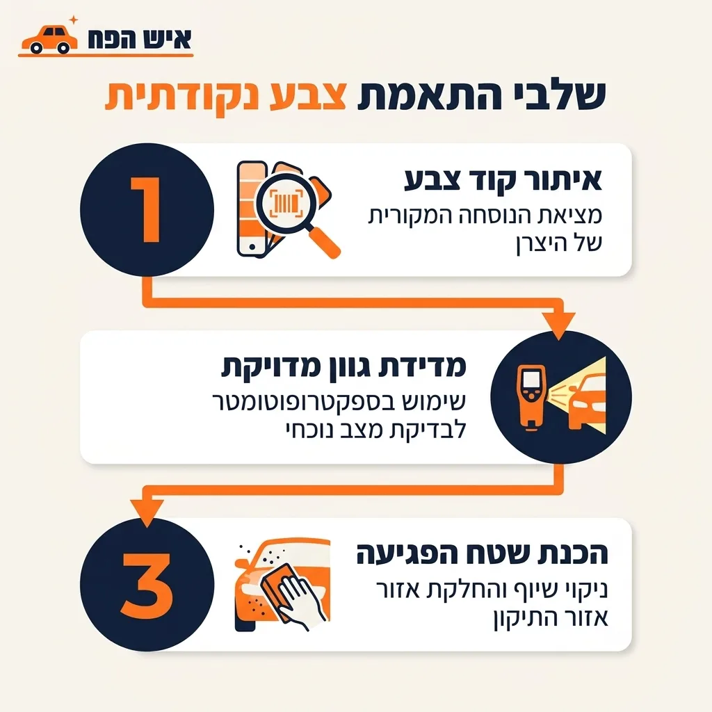אינפוגרפיקה — שלבי התאמת צבע נקודתית: איתור קוד צבע, מדידת גוון מדויקת, הכנת שטח הפגיעה