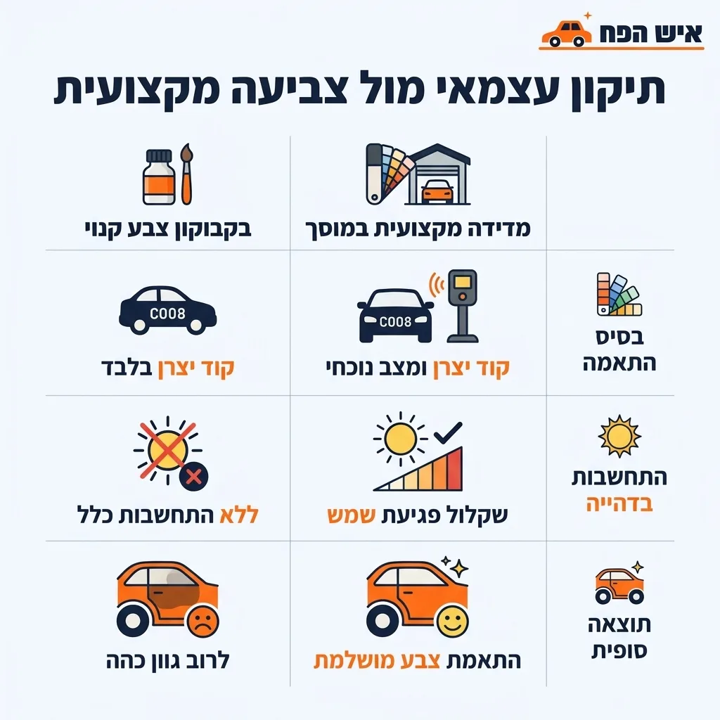 אינפוגרפיקה — תיקון עצמאי מול צביעה מקצועית: השוואה בין בקבוקון צבע קנוי, מדידה מקצועית במוסך
