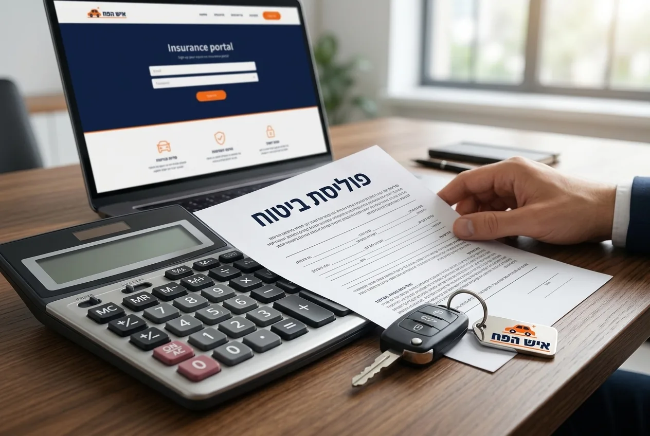 מסמך פוליסת ביטוח על גבי מחשבון עם מפתחות הרכב בצד.