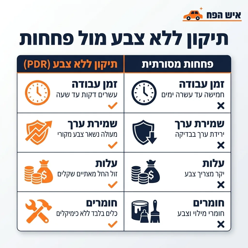 אינפוגרפיקה — תיקון ללא צבע מול פחחות: השוואה בין תיקון ללא צבע, פחחות מסורתית