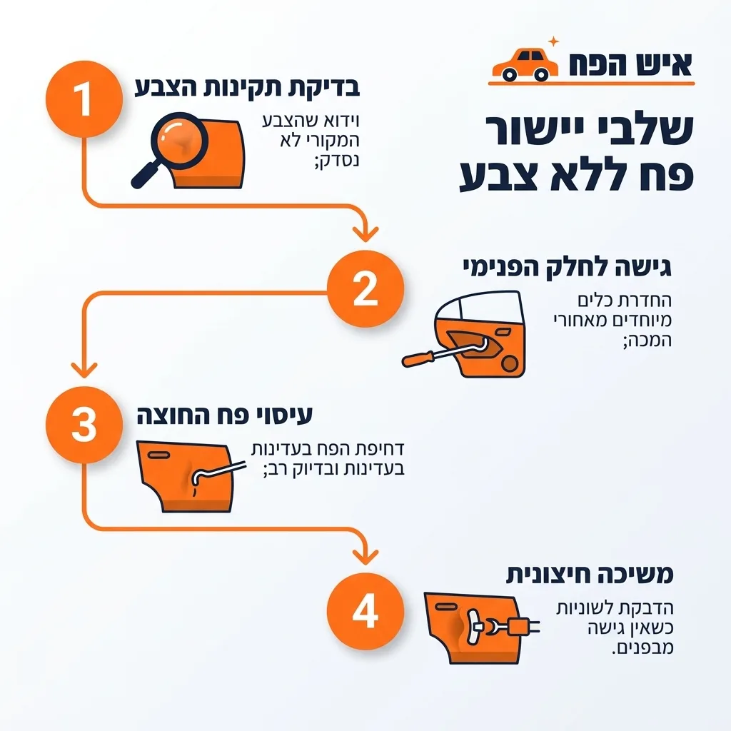אינפוגרפיקה — שלבי יישור פח ללא צבע: בדיקת תקינות הצבע, גישה לחלק הפנימי, עיסוי פח החוצה, משיכה חיצונית