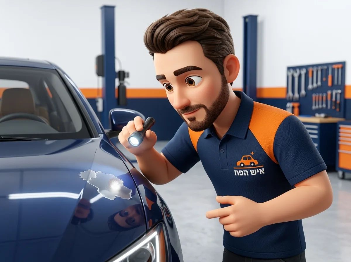 איש מקצוע בחולצת עבודה מסתכל מקרוב על מכסה מנוע של רכב, מאיר בפנס קטן על אזור שבו הלכה התקלפה, רקע של מוסך נקי ומואר